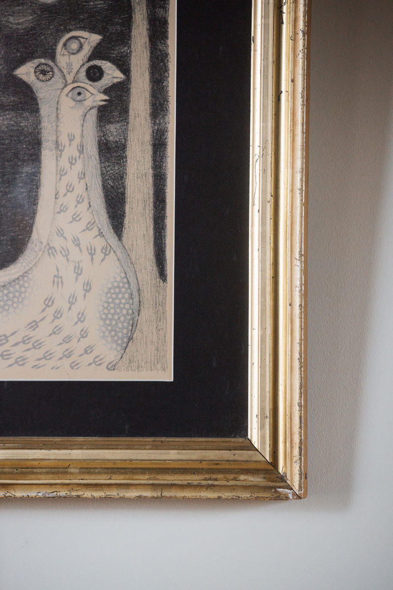 Framed corner detail of Max Svanberg bird lithograph artwork