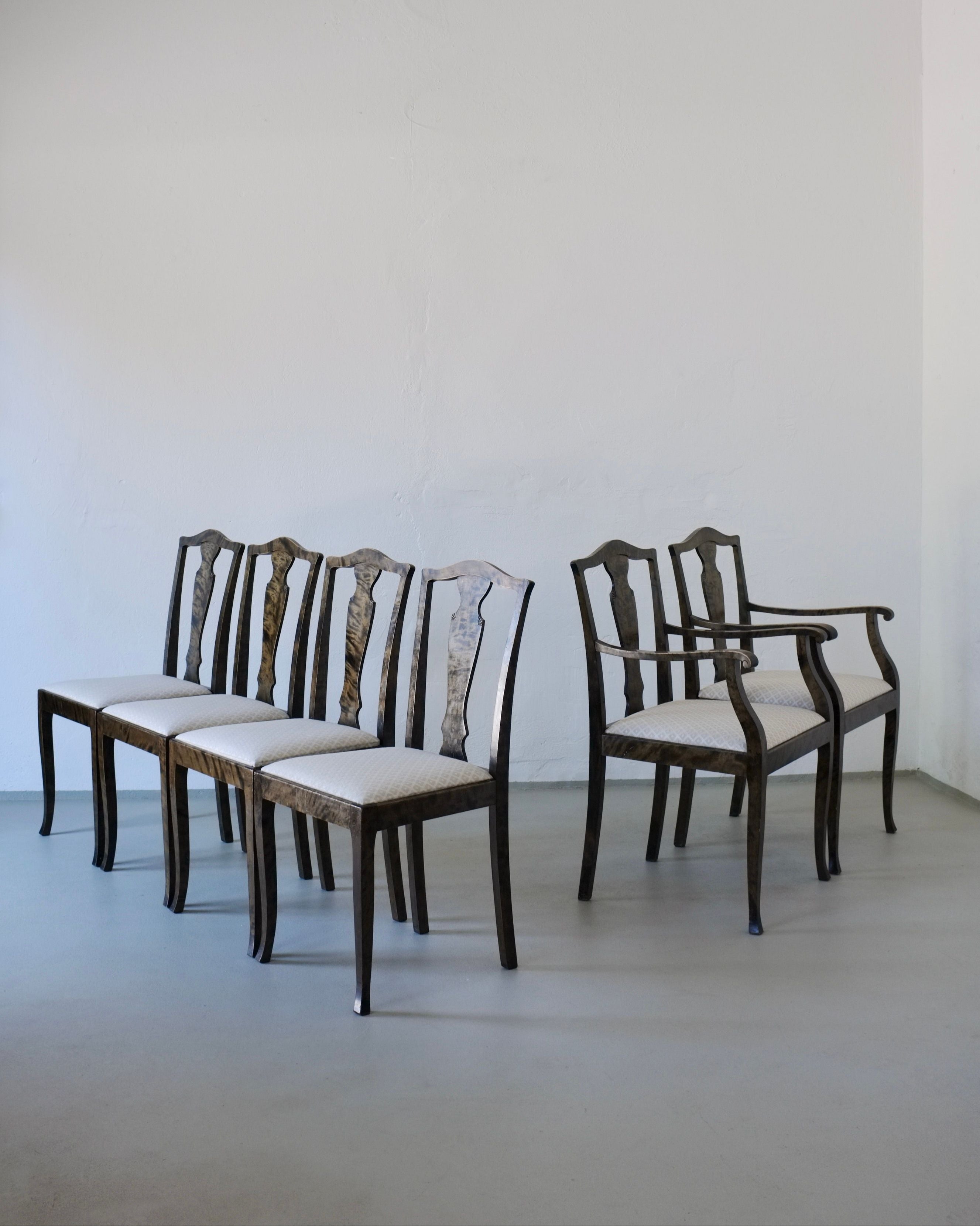Swedish Grace Satin Birch Dining Chairs, Set of 6, 1920s