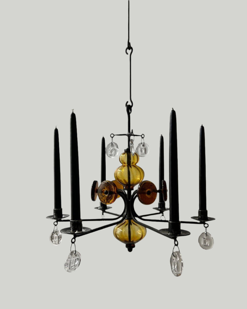 Art glass chandelier with black candles by Erik Höglund, 1970s