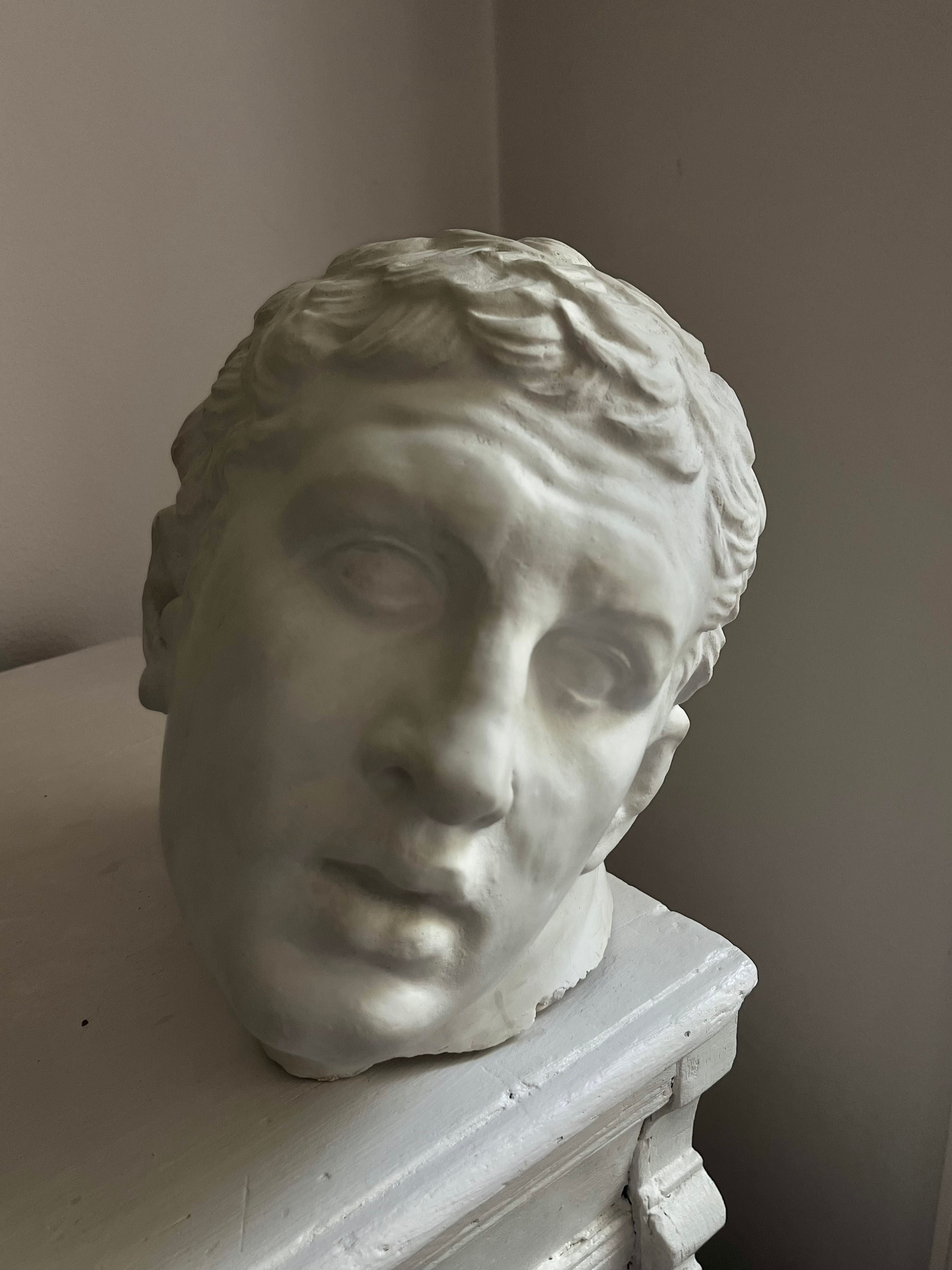 A photograph featuring the Médecine product "Italian Male in Plaster," a sculpture of an Italian-made male bust with curly hair, rendered in durable white plaster. The sculpture rests on a light-colored surface against neutral-colored walls, capturing an essence of vintage design with the figure's solemn expression.