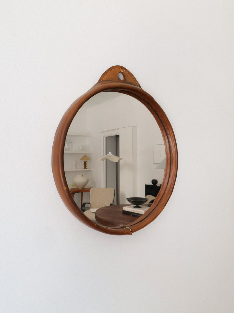 Vintage round saddle leather framed mirror from 1950s