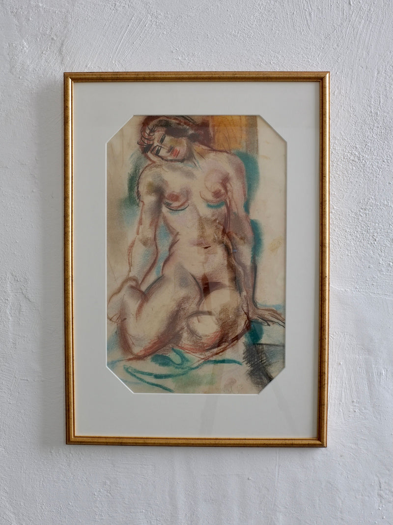 Nude study pastel drawing by Jules Schyl, framed vintage artwork 1943