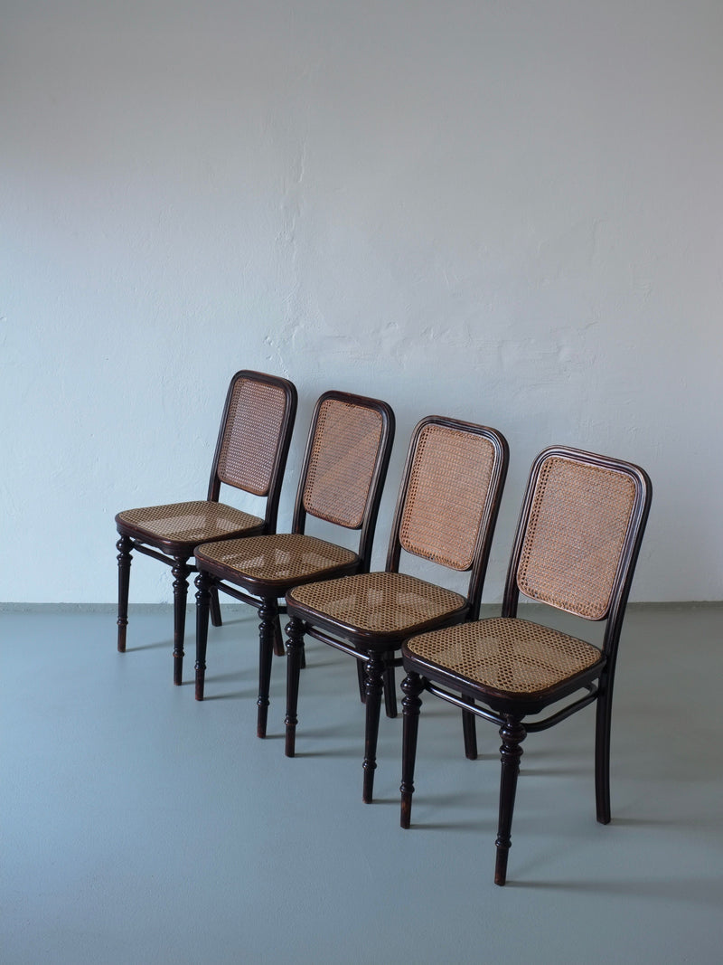 Four Thonet bentwood cane chairs Austria 1906 arranged in row
