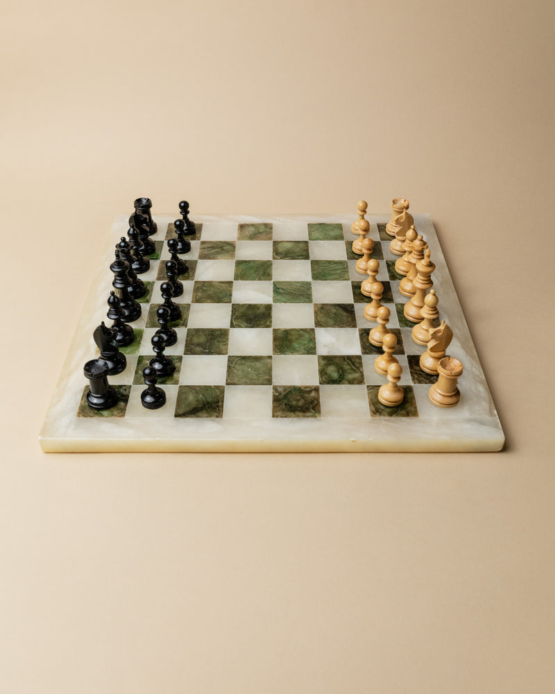 Vintage Italian marble chess set with green and white checkered board