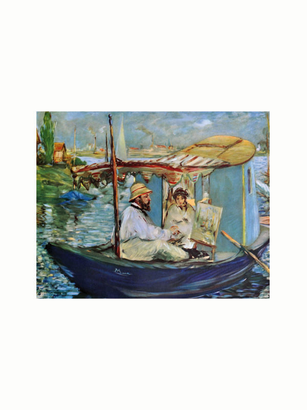 Maison Plage's "The Impressionists - The Great Century of French Art" depicts two people in a rowboat; one paints on a canvas while the other rows, under a small canopy. The scene is vibrant and takes place on a calm waterway with scenery in.