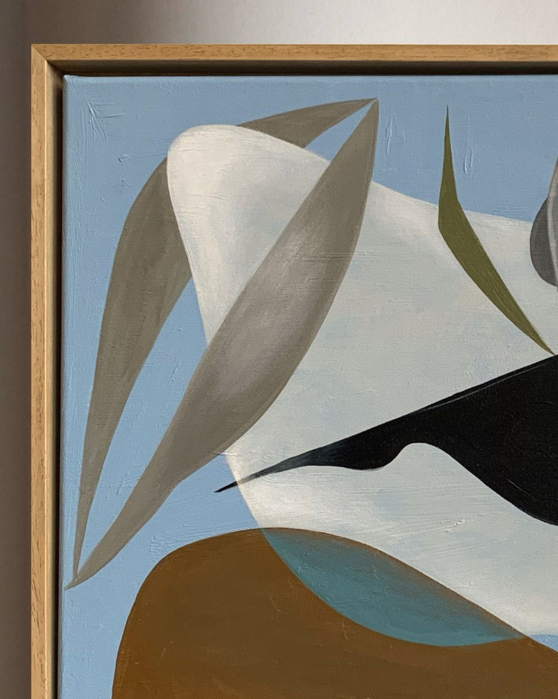 Skyward Symphony", 2023 – an exclusive hand-painted acrylic on linen by Cate Adriana – features curved, overlapping shapes in white, gray, black, and green on a blue-brown background that evokes dynamic movement and striking contrasts.