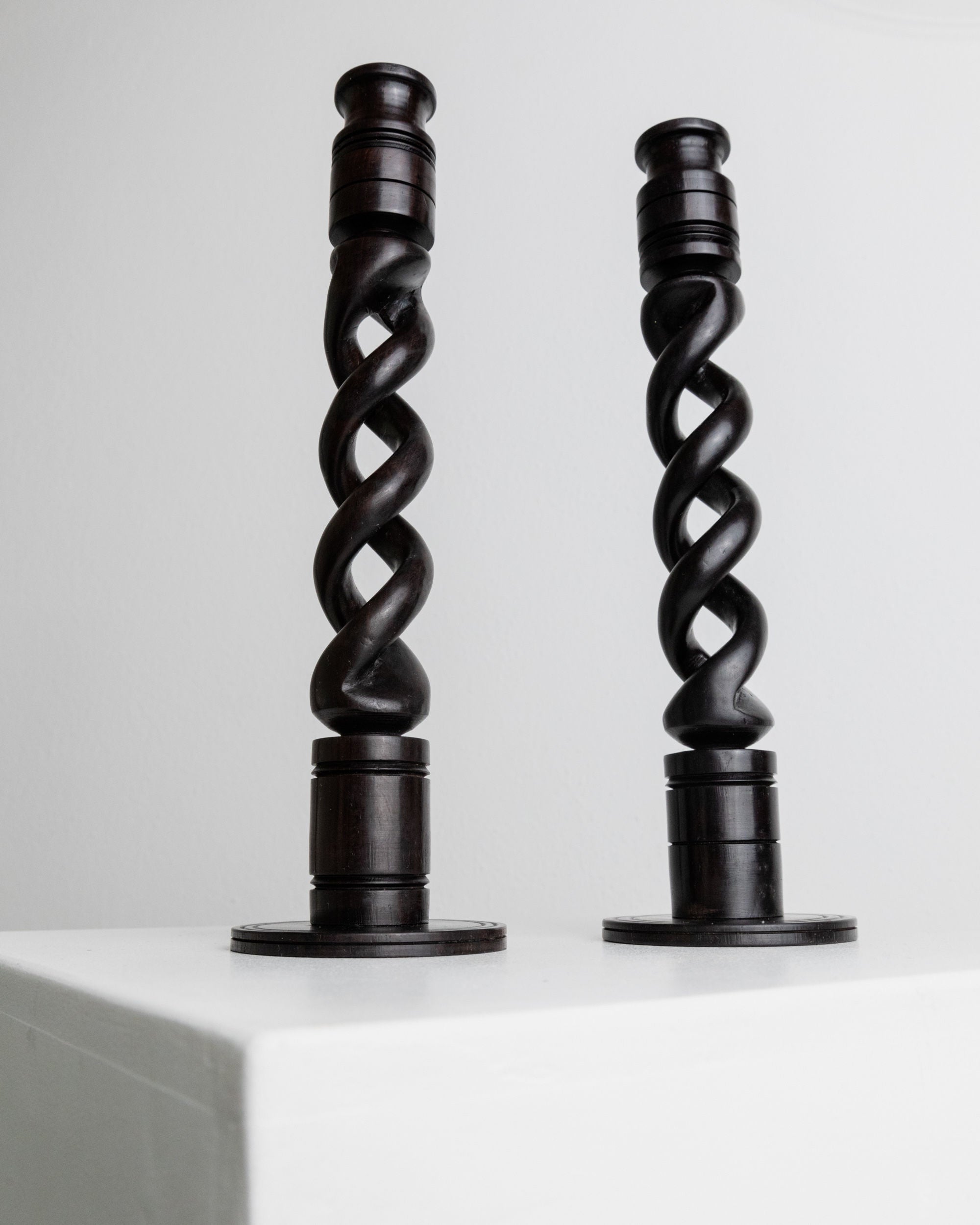 Set of 2 Candle Holders in Dark Wood, Italy 1970s