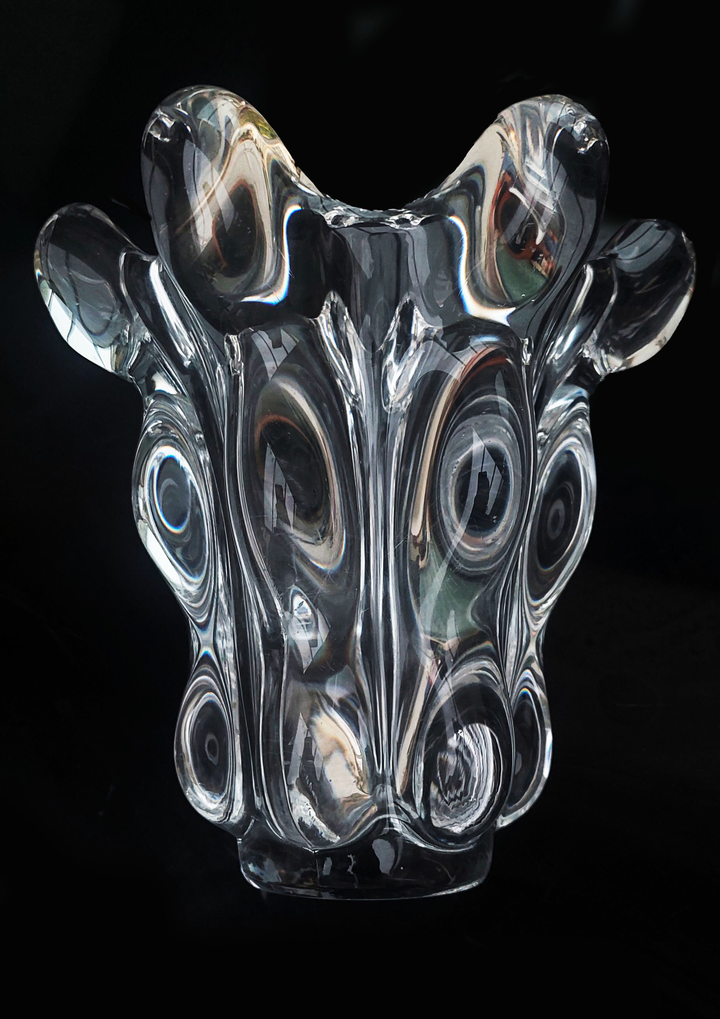 The Crystal Vase by Les Objoies features an artistic, swirling design with rounded protrusions on top, set against a dark background. As a centerpiece of modern décor, its reflective surface creates intricate patterns and depth, making it a captivating decorative piece for any space.