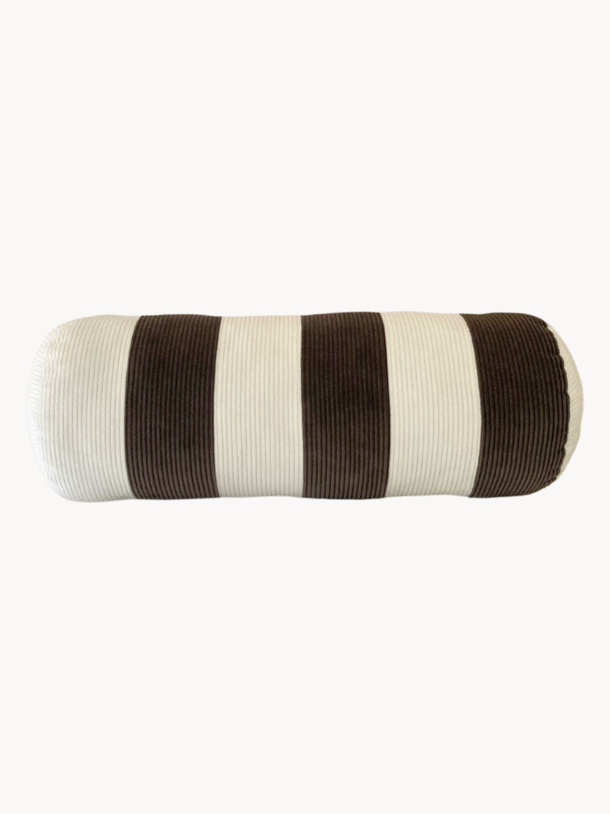 An AMÉLIORÉ Le Cylindre - Cotton Corduroy - Espresso/Chalk with wide, alternating black and white horizontal stripes. The fabric texture appears ribbed or corduroy-like, reminiscent of a vintage-inspired patchwork cushion. Handmade in the UK, the pillow is isolated on a plain white background.