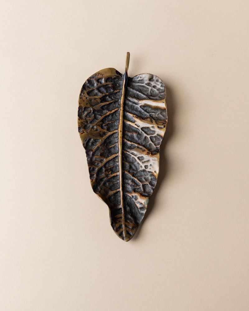 Bronze leaf vide-poches showing textured surface detail, Italy 1960s