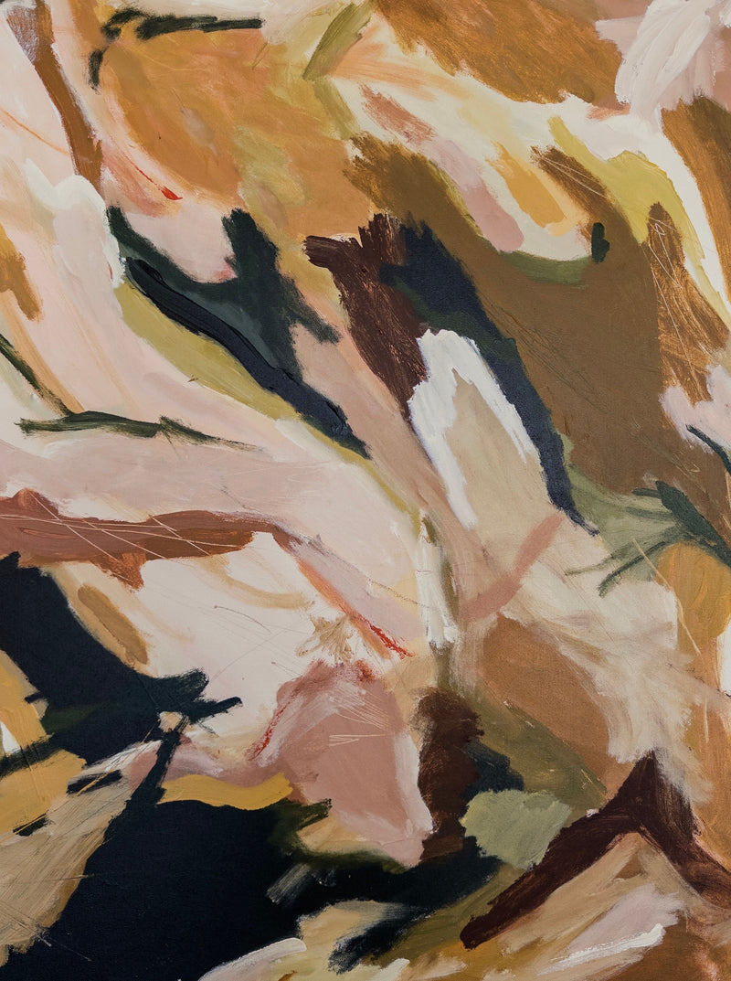 An exclusive centerpiece, the Agapitós - Painting by Natasha France features dynamic brushstrokes in earthy tones. The composition includes swirls and splashes of brown, beige, black, and hints of white, creating a textured, organic feel. This original piece of art evokes a sense of movement and natural forms.