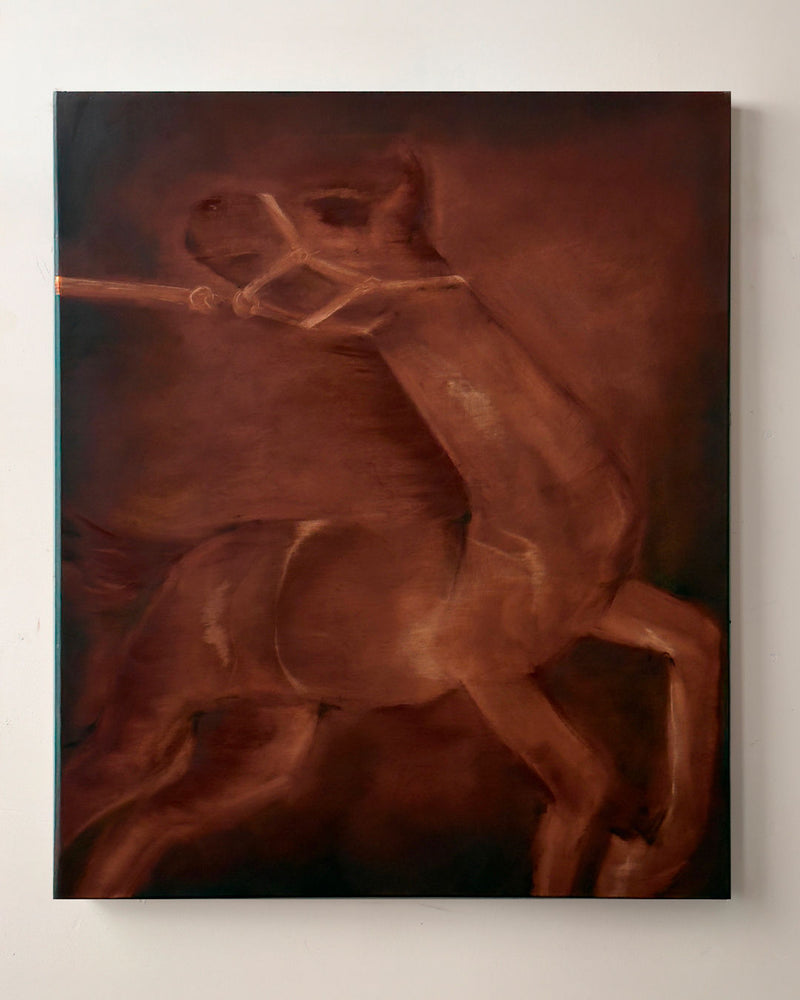 Abstract oil painting depicting horse and rider in warm amber tones