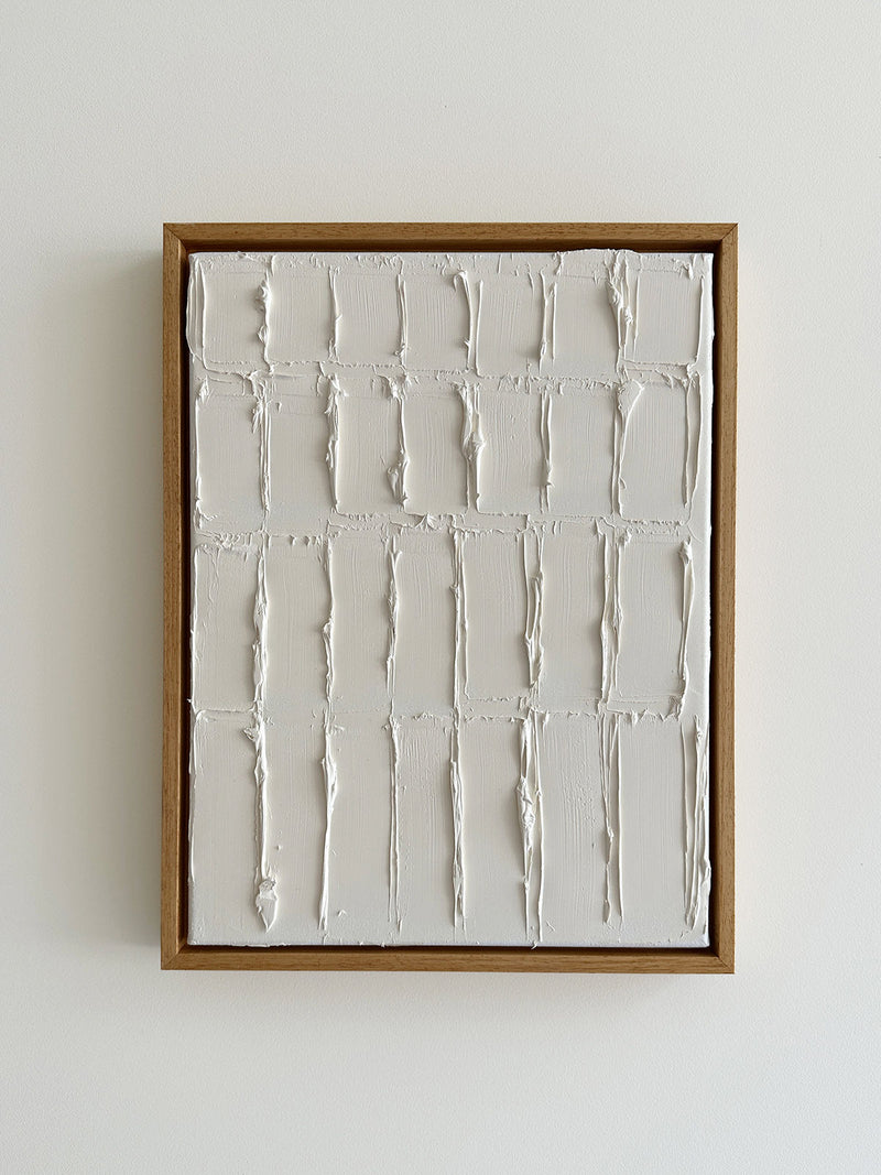 Abstract white textured painting with grid pattern by Roi Elmaliah