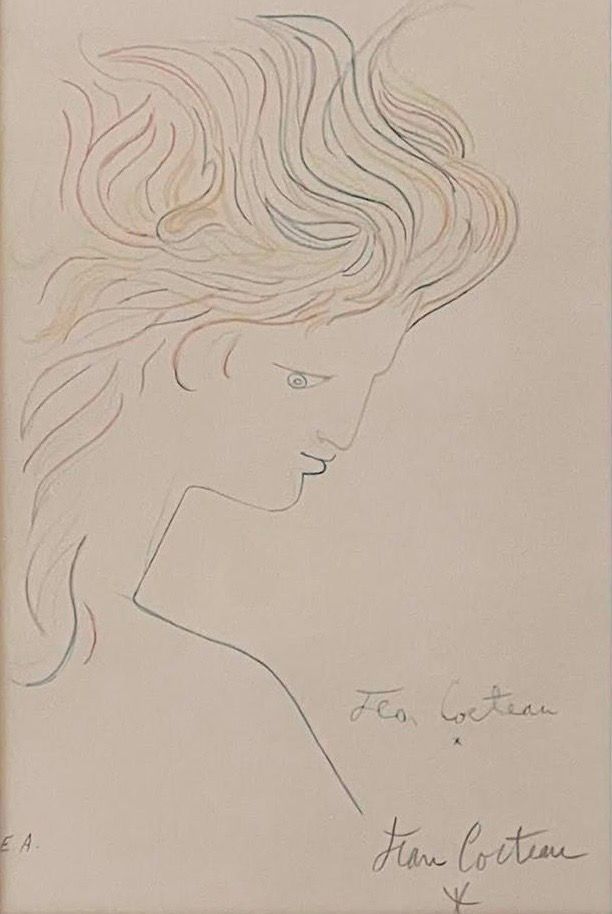 This Jean Cocteau Signed Lithograph by Médecine features a minimalist line drawing of a person with flowing hair in profile, gazing downward with a serene expression. It is signed in pencil by the artist as an artist proof on the bottom right.