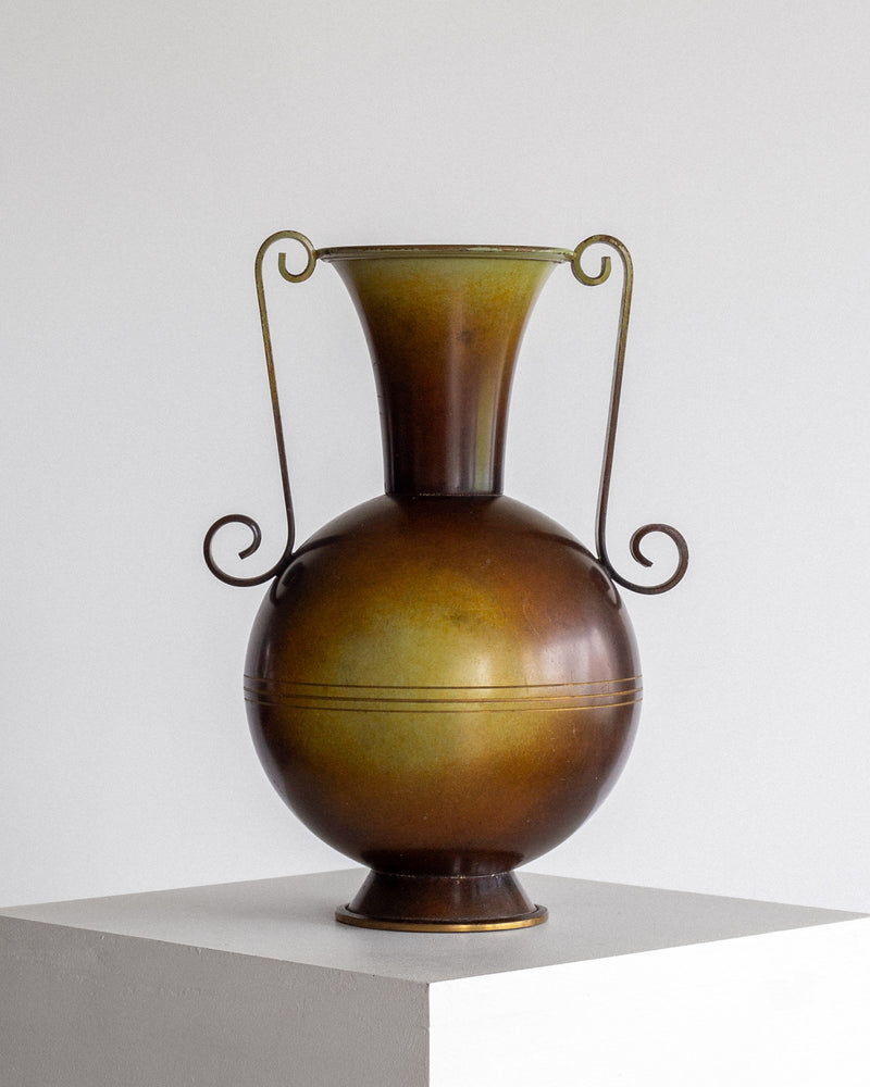 Art Deco bronze metal vase with scrolled handles, 1930s