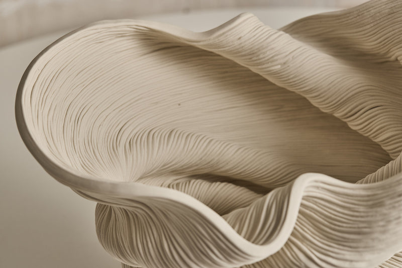Sculptural wood Flutter vase with flowing curved ridged texture