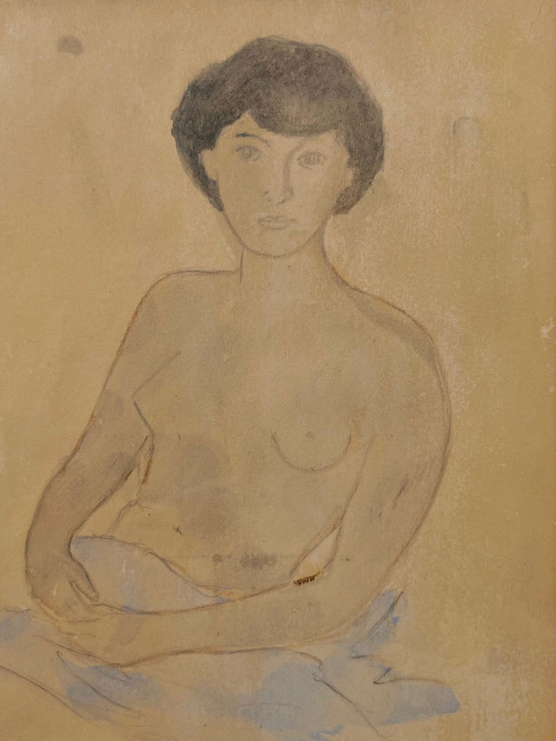 Watercolor nude portrait showing seated woman with short dark hair