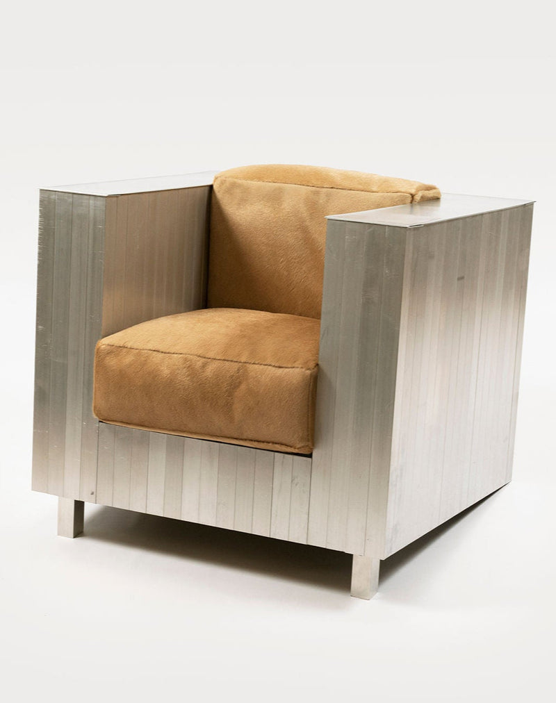 Modern aluminum frame armchair with tan suede upholstery