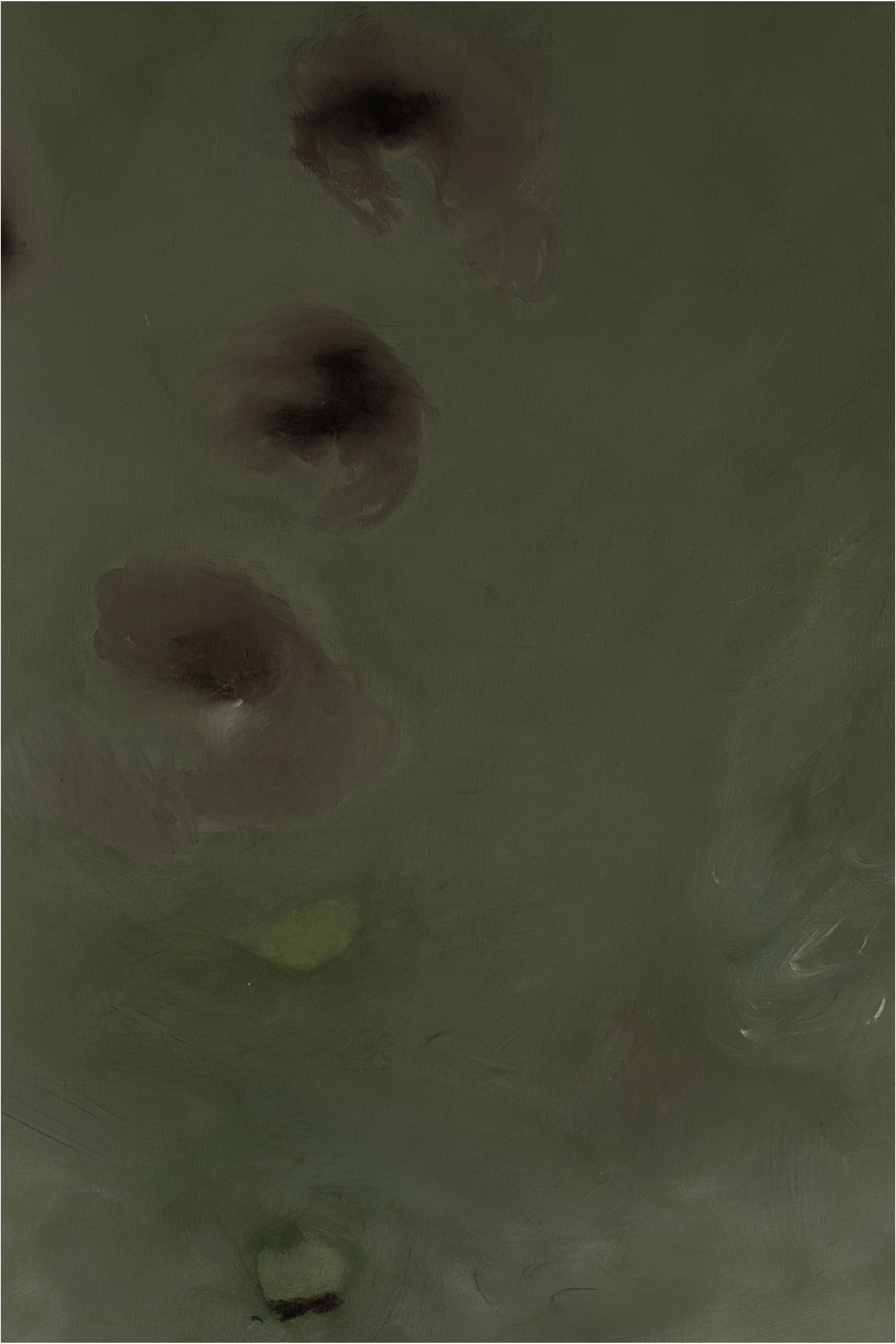 A close-up photo of the "Let go of gravity" painting by Yeliza Gevorgyan, showcasing a textured surface with various shades of green and dark patches. The abstract image, resembling unruly forms, features brush strokes and varying color intensities that evoke the sense of natural pigment in original artwork.