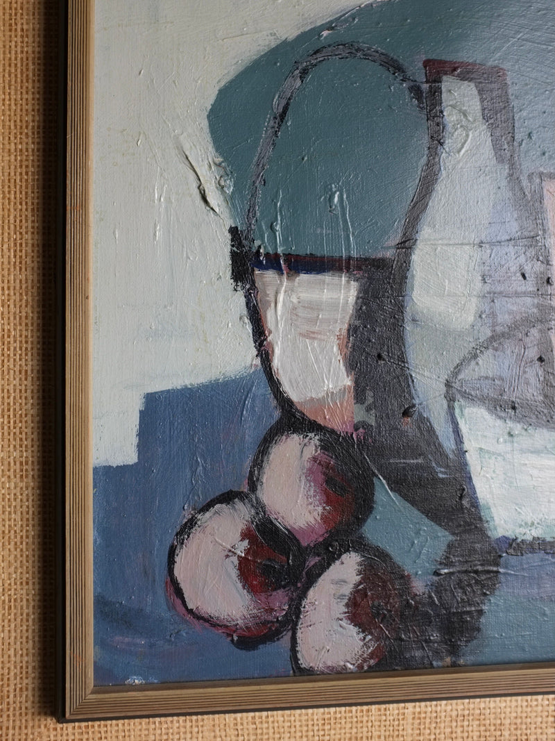 Abstract painting with visible brush strokes and texture features dark, rough outlines forming an unclear shape, possibly Veter Vintage's "Vintage Still Life Painting in Blue Hues | Oil on Canvas." Hues of blue, green, and white dominate the background. The oil on canvas piece is framed in a simple original wooden frame.