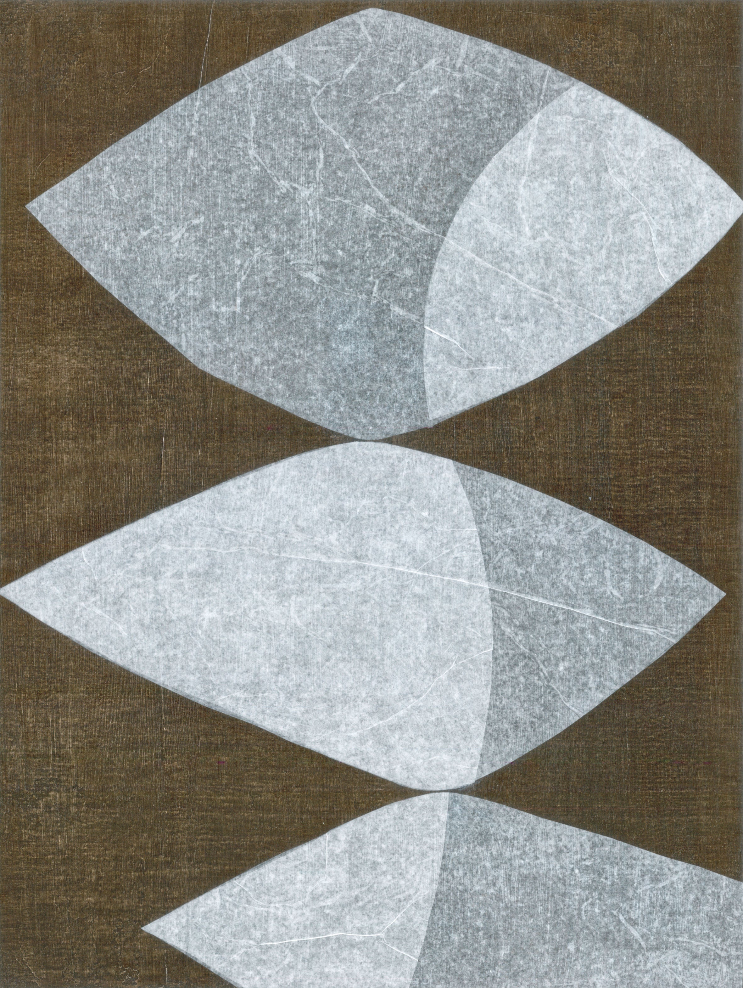 Three diamond-shaped leaf impressions in gray mixed media drawing