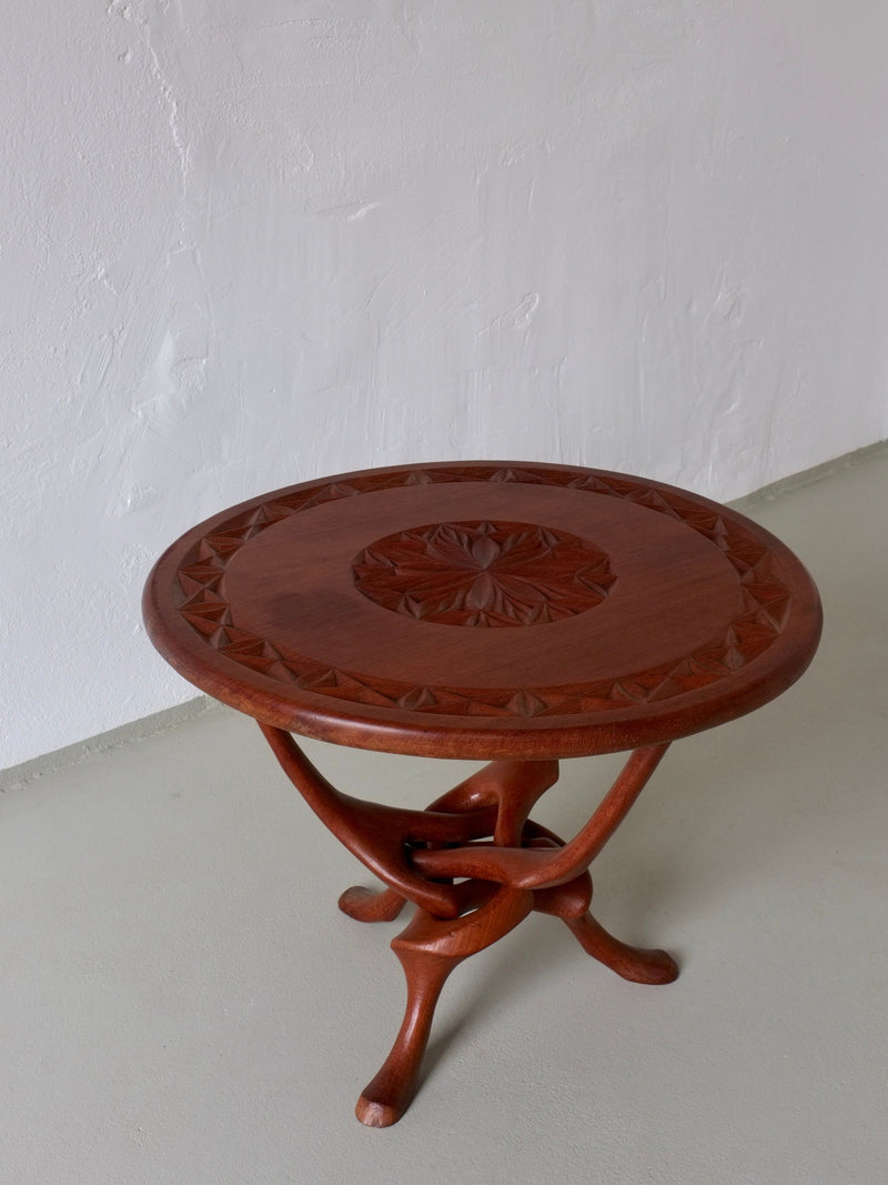 Sculptural carved teak side table with ornate pedestal base, 1960s