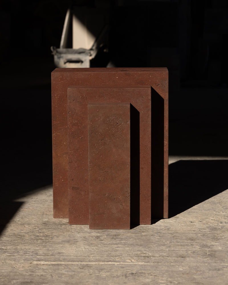 Coa tezontle side table showing stacked rectangular form detail