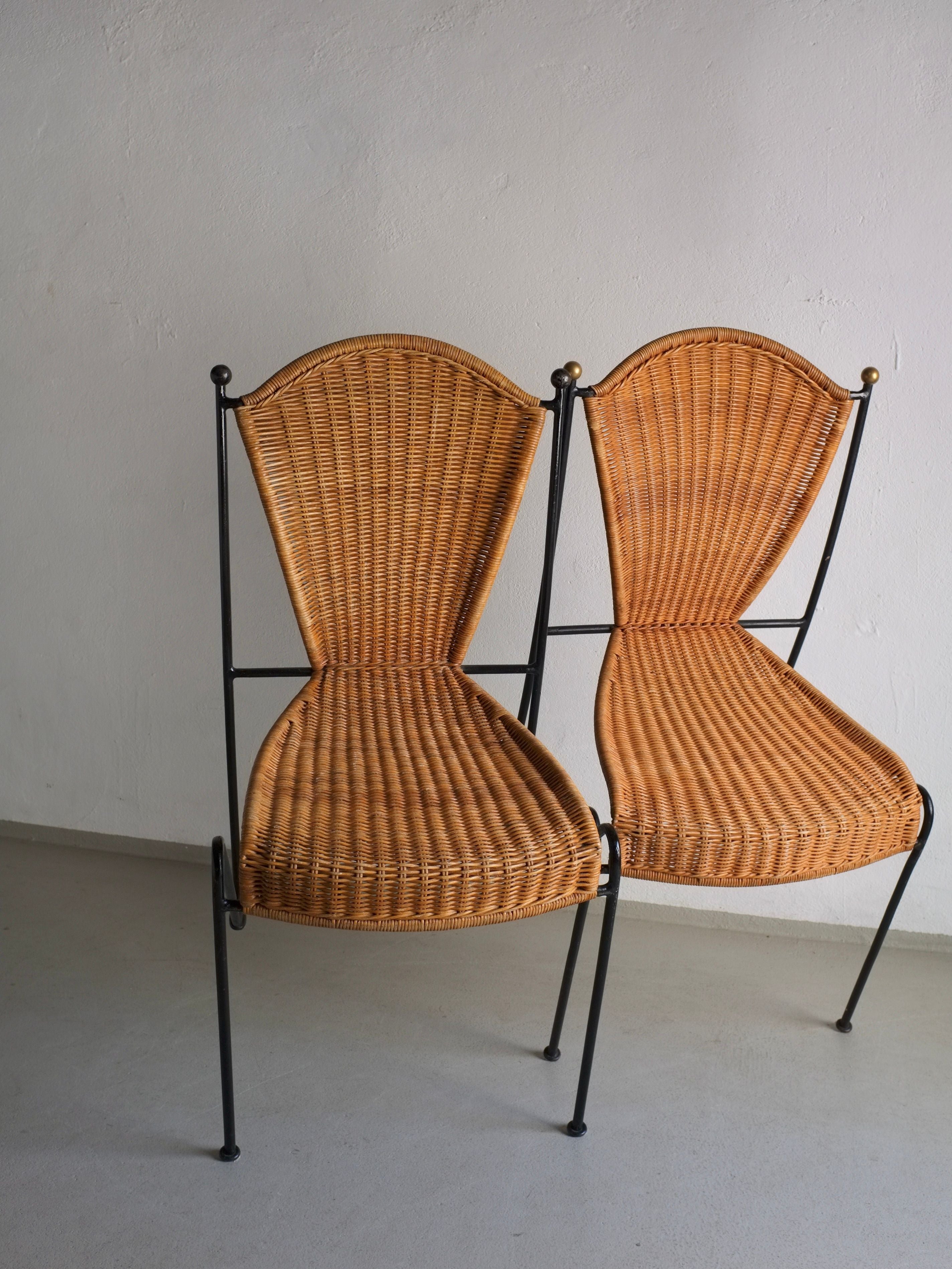 6 Frederick Weinberg Wicker Iron Chairs, 1960s