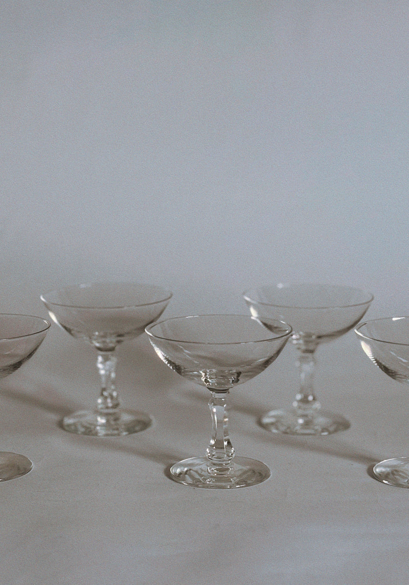 Set of 5 vintage clear glass cocktail coupes with elegant stems