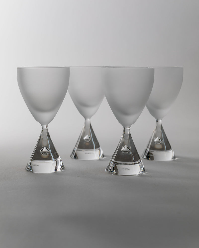 Set of four frosted Murano wine glasses with chrome cone stems