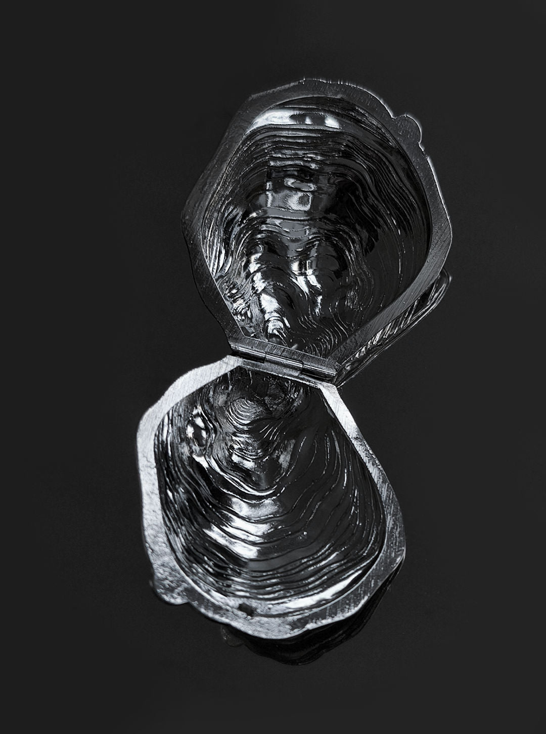 A dark gray Small Oyster Box by Les Objoies, set against a black background, reflects light. Its glossy, textured surface highlights layered ridges with a polished finish, making it a unique gift or oyster-shaped pill box.