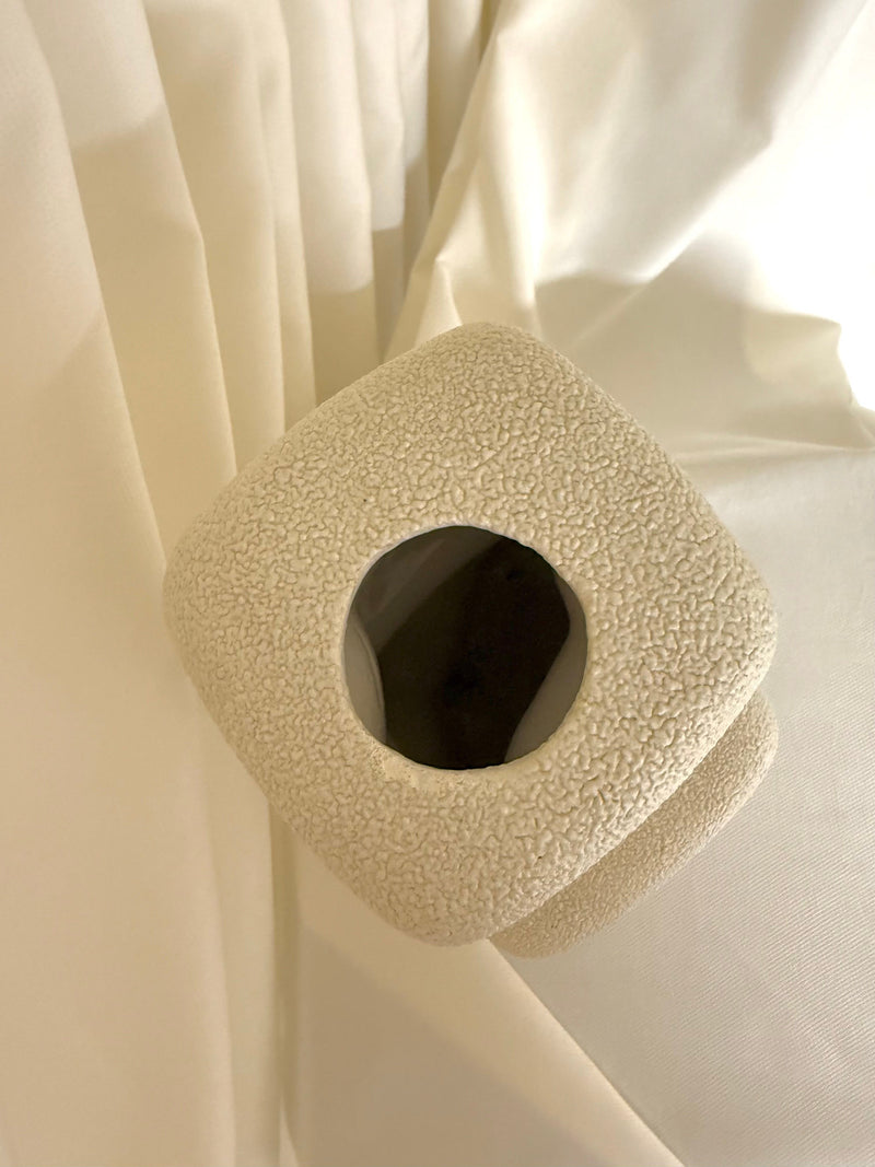 Textured cream ceramic Bertoncello vase with circular opening detail