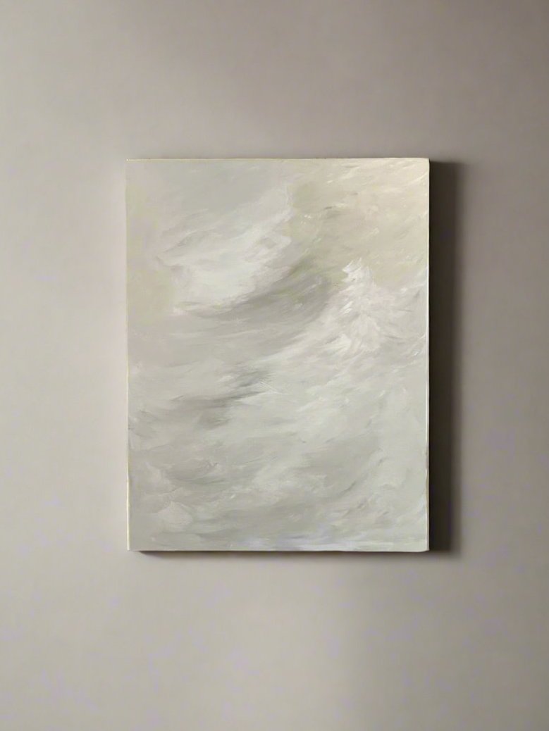 Abstract white and gray brushstroke painting on canvas by Mattias Storm