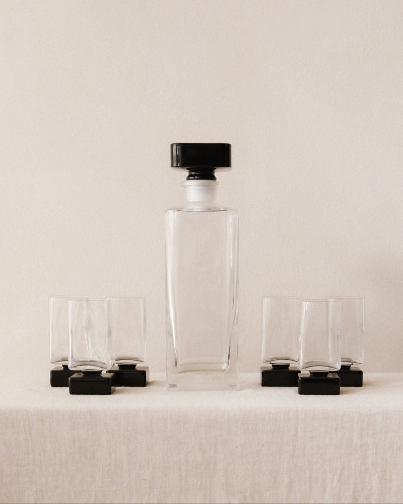 Bormioli Monet Noir glass liqueur decanter set with black accents