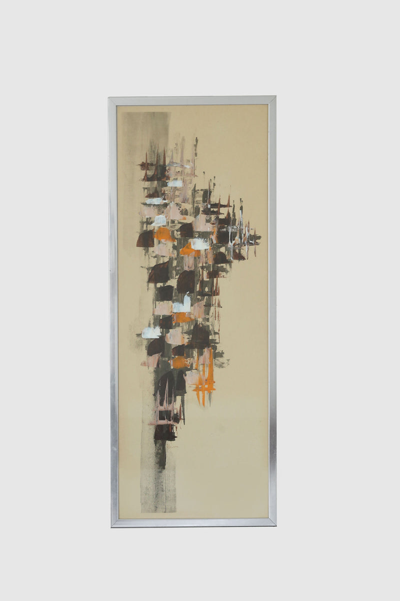 Abstract vertical painting with orange and black brushstrokes on beige