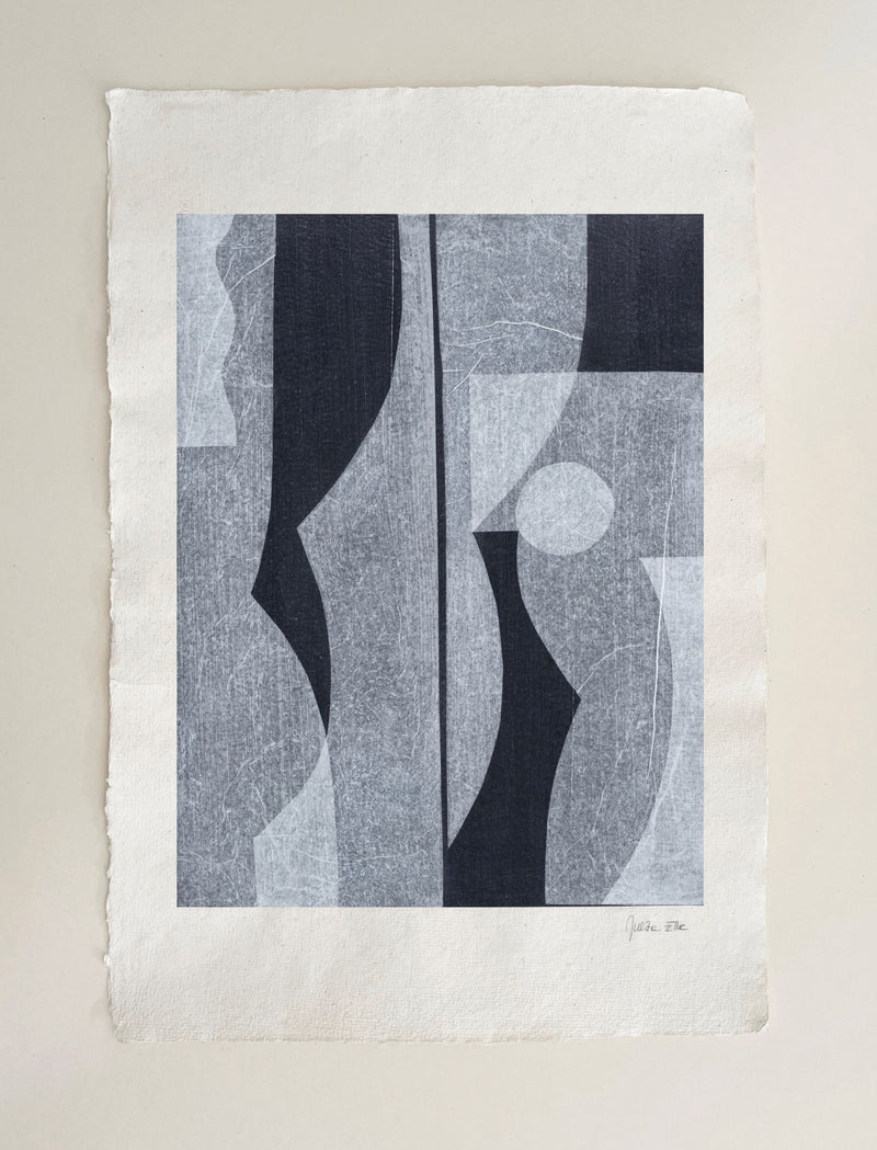 Abstract geometric mixed media drawing with gray tones by Julita Elbe