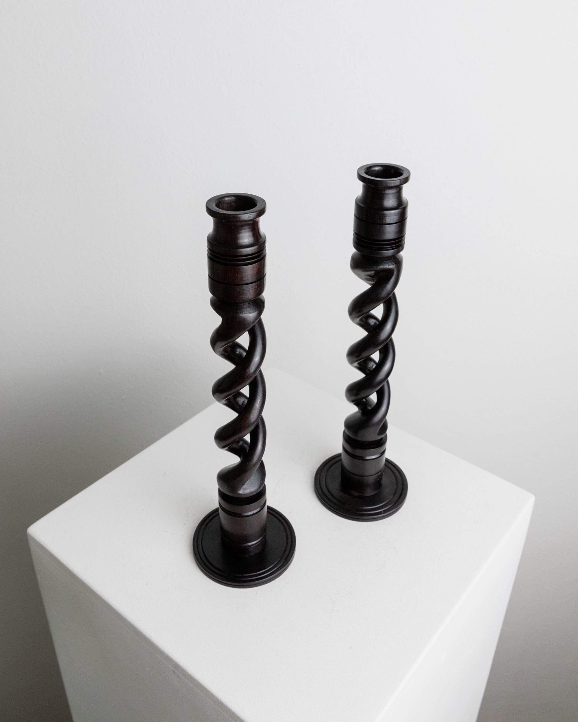 Set of 2 Candle Holders in Dark Wood, Italy 1970s