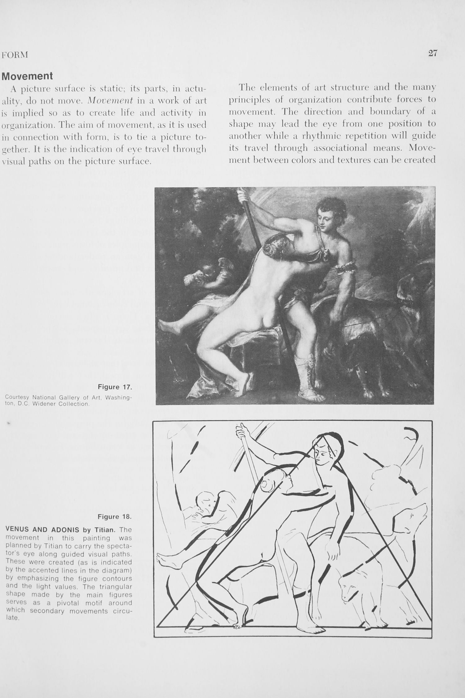 The Villa 'Art Fundamentals' Book features a vintage page on “Movement” in art, showing a Venus and Adonis painting above a simplified drawing that demonstrates how movement guides the viewer’s eye.