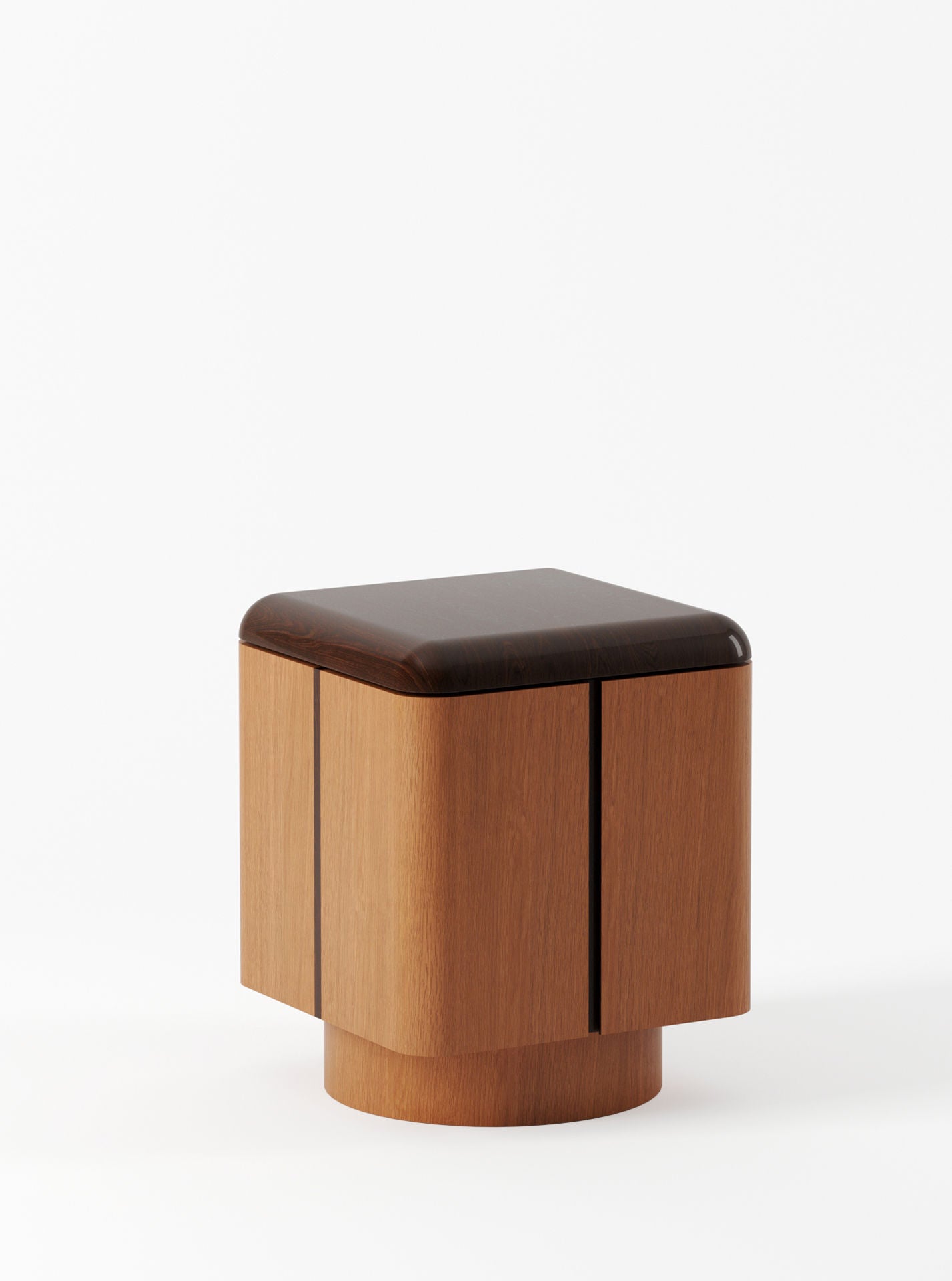 A modern, cylindrical Lemon walnut stool with a dark leather cushion on top, set against a clean, white background.