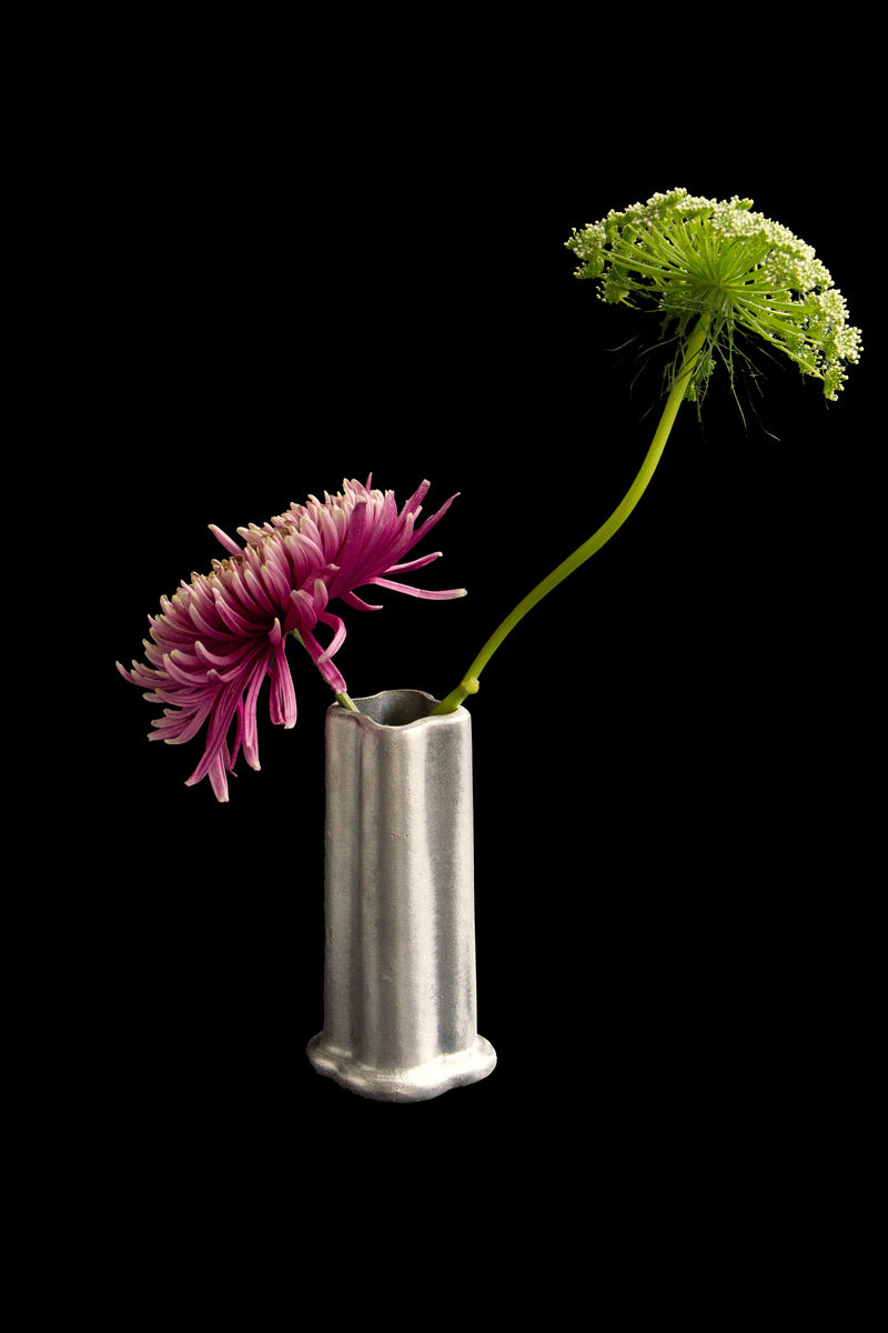 Bask aluminum vase with pink chrysanthemum and Queen Anne's lace