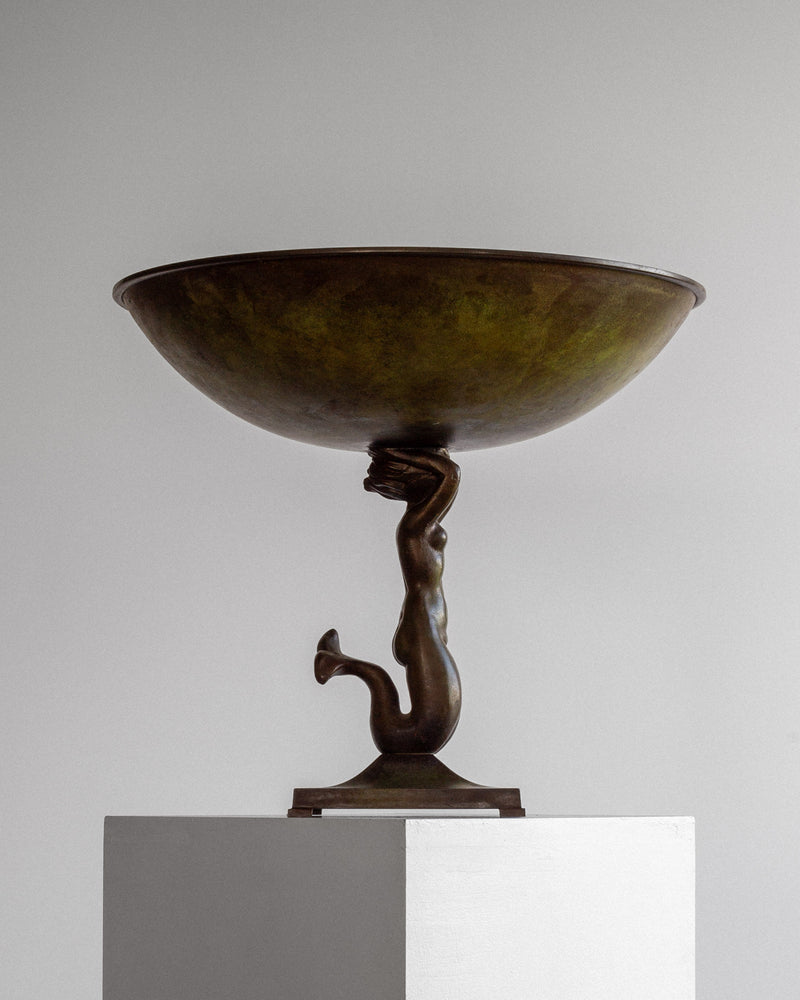 Swedish Art Deco bronze bowl with sculptural mermaid base, 1930s