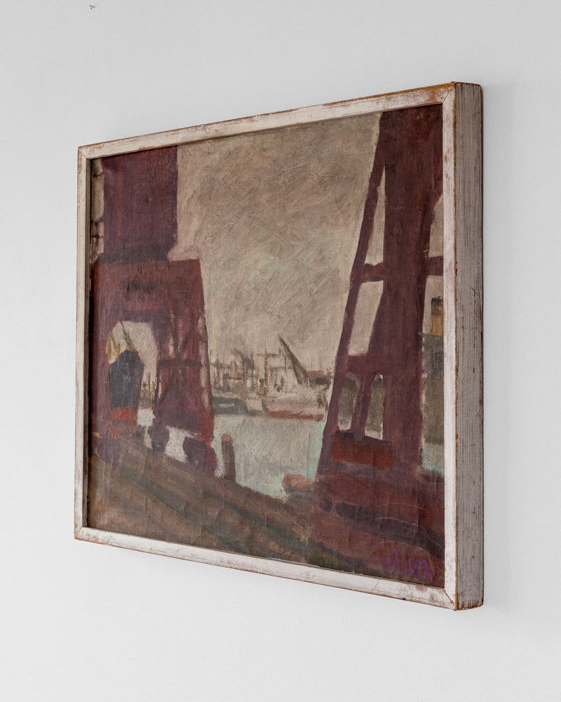 A vintage oil painting by Axel Käller from the 1960s, offered by Spigel, showcases an industrial harbor with large red structures and ships. Mounted on a white wall, it captures Scandinavian charm when viewed at an angle.