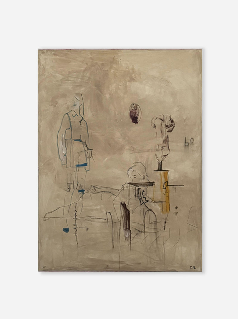 Abstract painting on a beige canvas with minimalist figures and lines. "Untitled - Acrylic, oil pastel, charcoal on canvas" by Dovile Bernotaite features a figure on the left with blue accents and another on the right with a yellow line crossing. A dark oval shape floats above, creating space amidst light markings and shapes throughout.