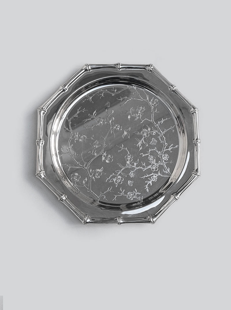 Handcrafted silver plated bamboo tray with intricate detailing and elegant design