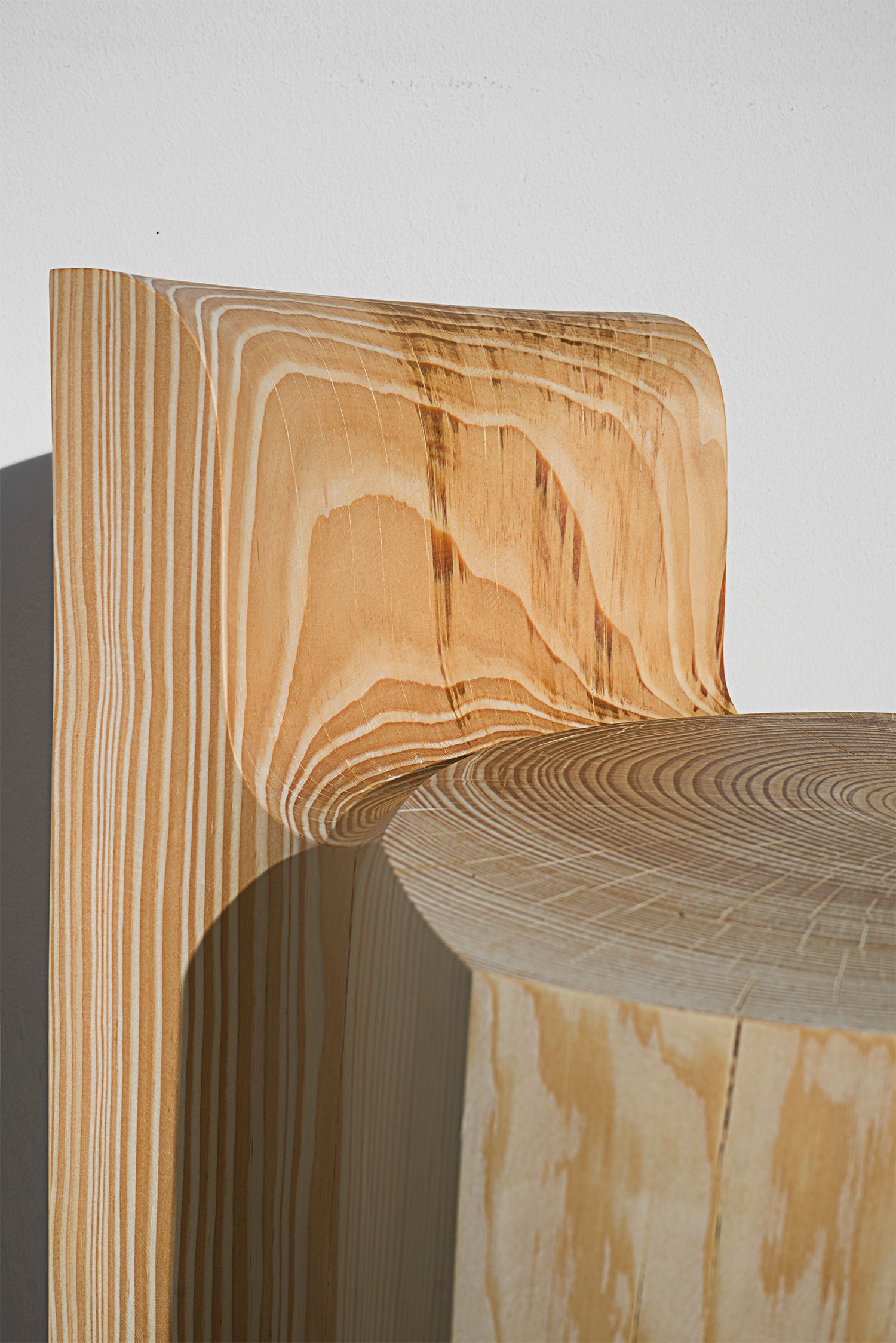 Close-up of the "Chair from Wood after Storm" by Touch With Eyes, featuring a natural grain pattern that highlights its curved backrest and round seat. Sunlight casts a shadow, emphasizing the wood's texture against a white background.