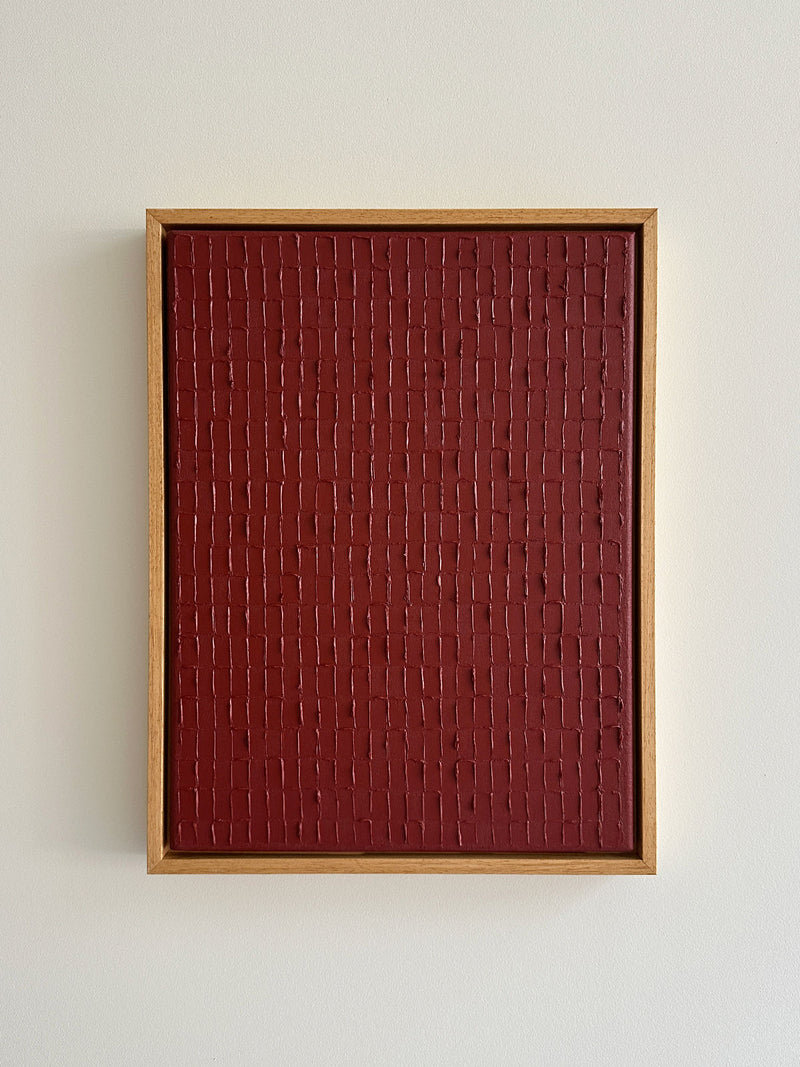 Abstract red textured painting with vertical stitched pattern by Roi Elmaliah