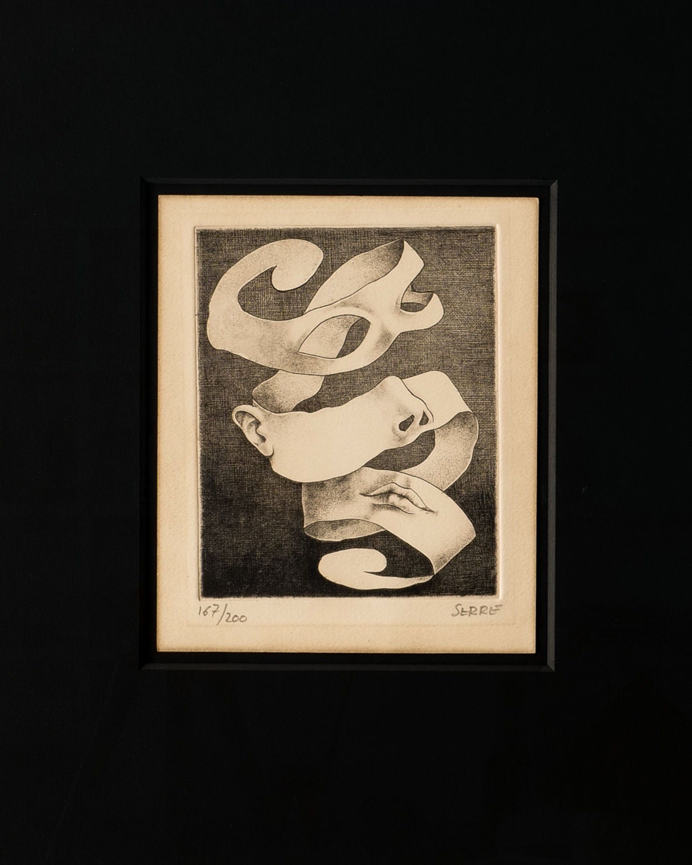This limited edition Surrealist Engraving by Claude Serre (1938-1998) from Collection apart, numbered 169/200 and signed, features a fragmented human face twisted into abstract ribbon-like strips in black and white.