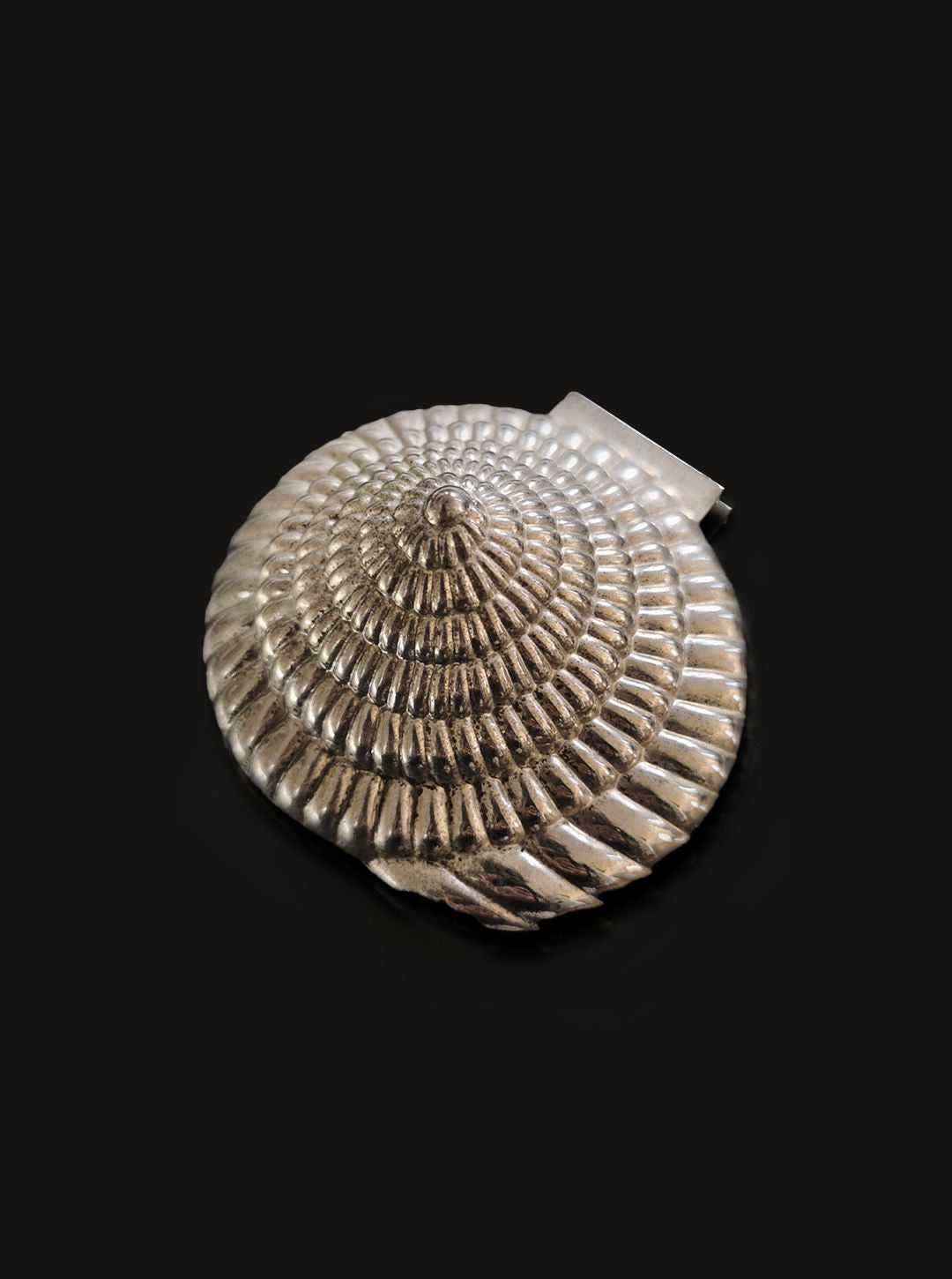 A close-up of the Silver-plated Shell Box by Les Objoies reveals its intricately textured, spiral patterns resembling a seashell. Set against a luxurious red velvet background, the shiny silver exterior enhances its elegance and allure.