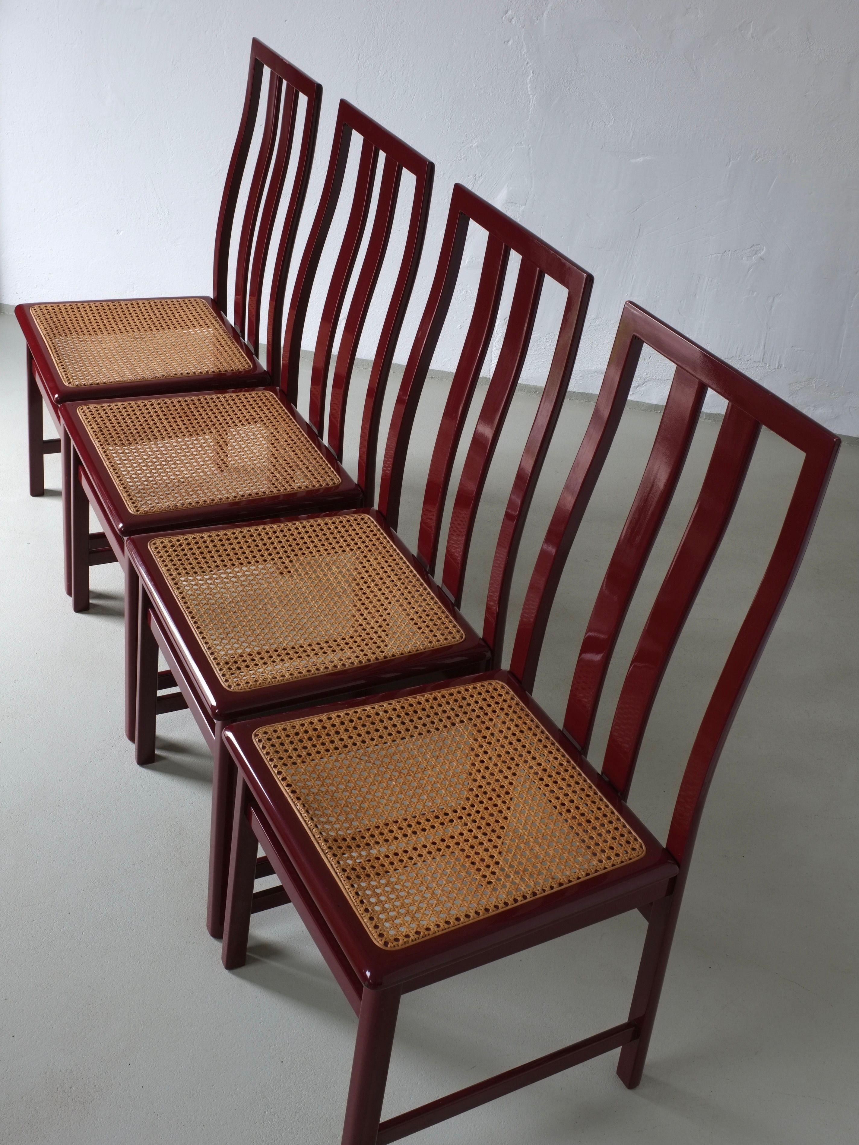 4 Glossy Wine Red Cane Seat Chairs | Italy | 1970s