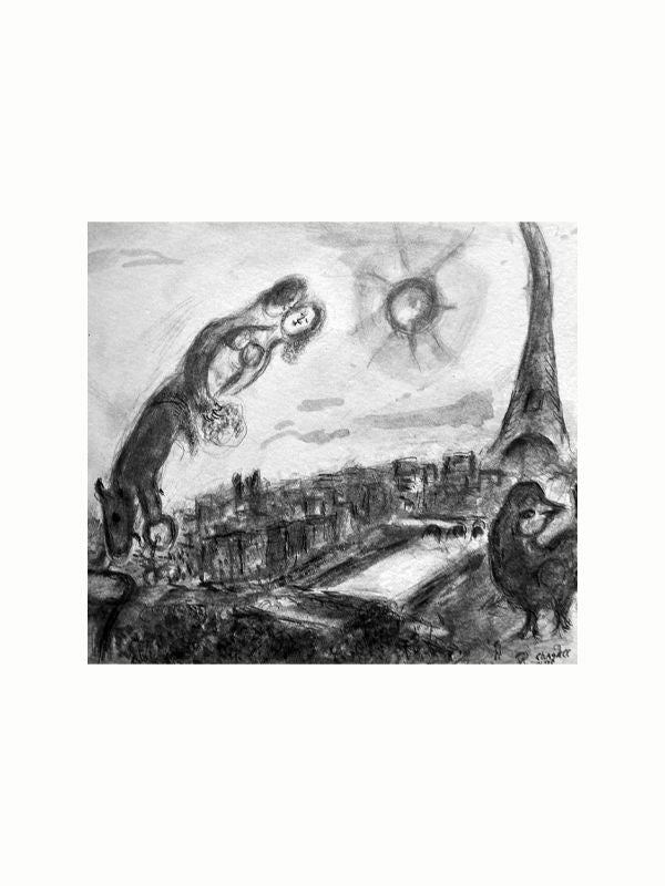 This black and white surrealist painting captures a floating couple embracing in the sky, reminiscent of the works found in the *Marc Chagall - Lithographs Vintage Book* by Maison Plage. Below them, a large animal rests as an illuminated sun shines beside a mosque-like structure. The dreamlike composition is completed with a cityscape featuring buildings and a river in the foreground.